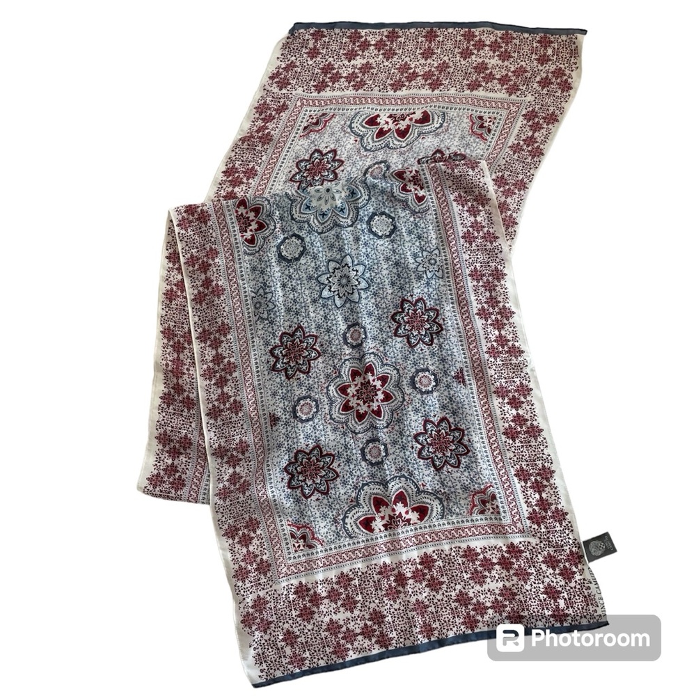 Vince Camuto long soft scarf in blue, burgundy and white.